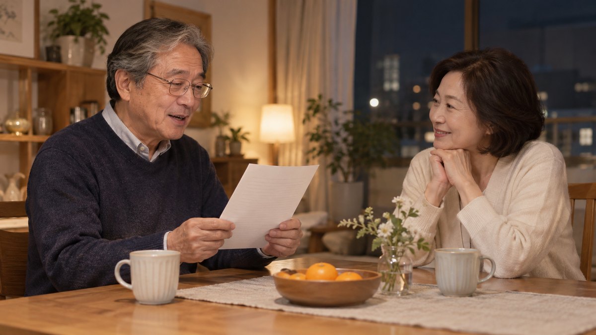 夜の自宅のダイニングで、60代の男性がメモを手に、向かいに座る妻に挨拶の文を読んで聞かせている