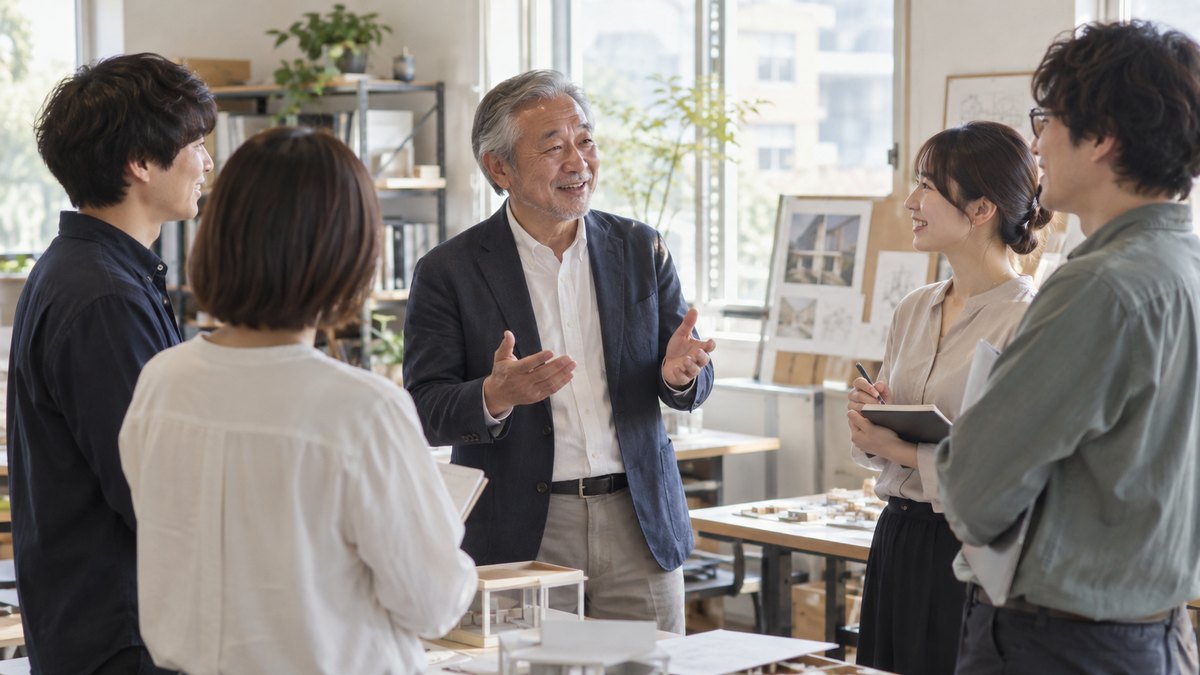 小さな設計事務所の朝、立ったまま輪になったミーティングで、60代の男性が若手社員たちに笑顔で話している