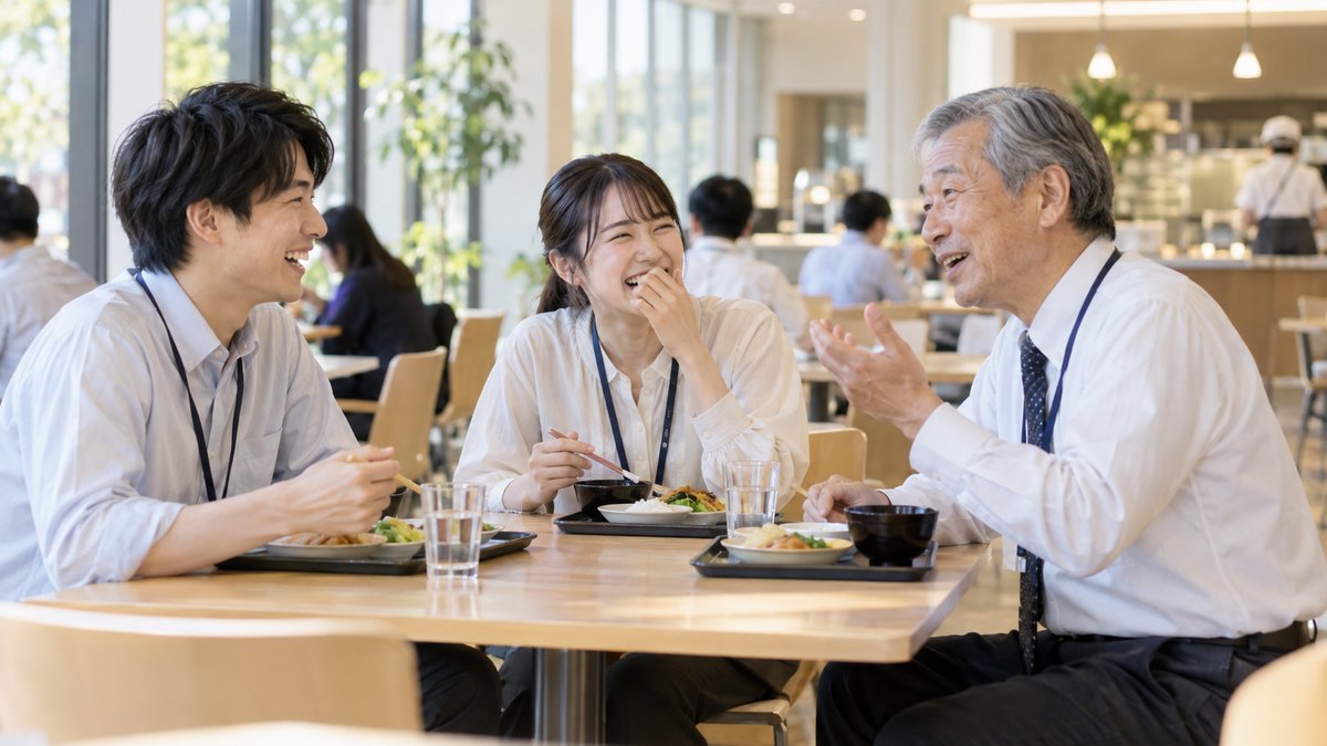 昼休みの社員食堂で、60代の男性が向かいに座った若手社員2人に昔の話をして、3人で笑い合っている