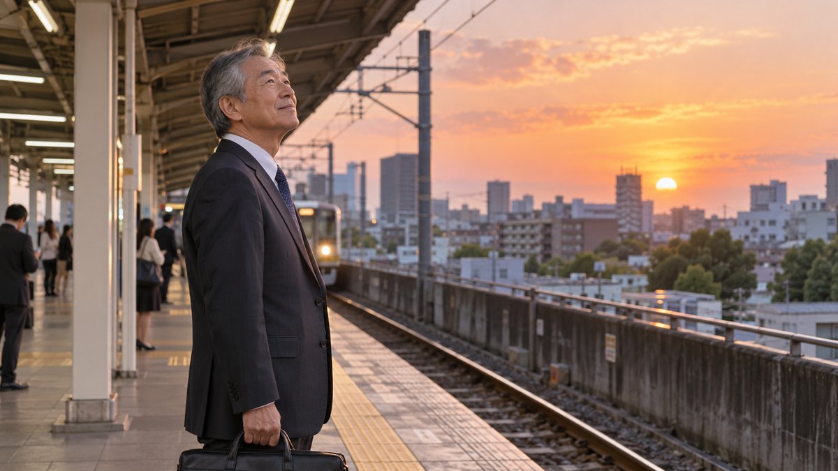 夕暮れの駅のホームで、60代の男性が通勤かばんを持ち、電車を待ちながら穏やかに空を見上げている