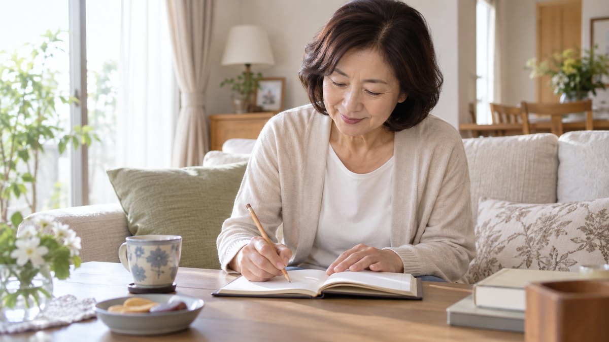 休日の自宅のリビングで、60歳くらいの女性がソファに座り、手帳を開いて挨拶の言葉を鉛筆で書き出している