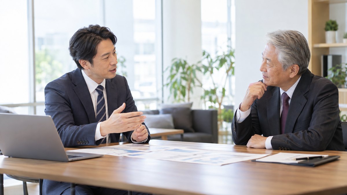 打ち合わせスペースで、40代の課長と60代の男性が資料を挟んで向かい合い、課長の説明に男性がうなずいている