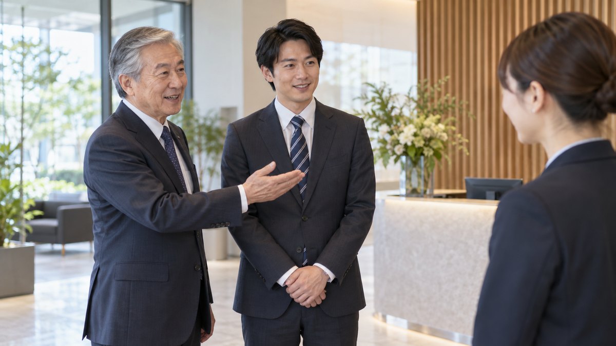 取引先の会社の受付ロビーで、60代の男性が30代の後任の男性を横に立たせ、相手の担当者に紹介している