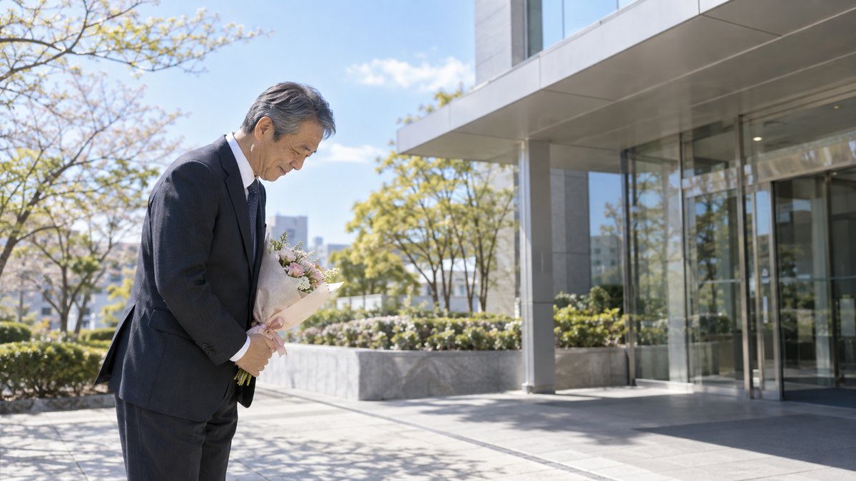 春の午後、会社の正面玄関の前で、定年を迎えた男性が小さな花束を持ち、建物を振り返って一礼している