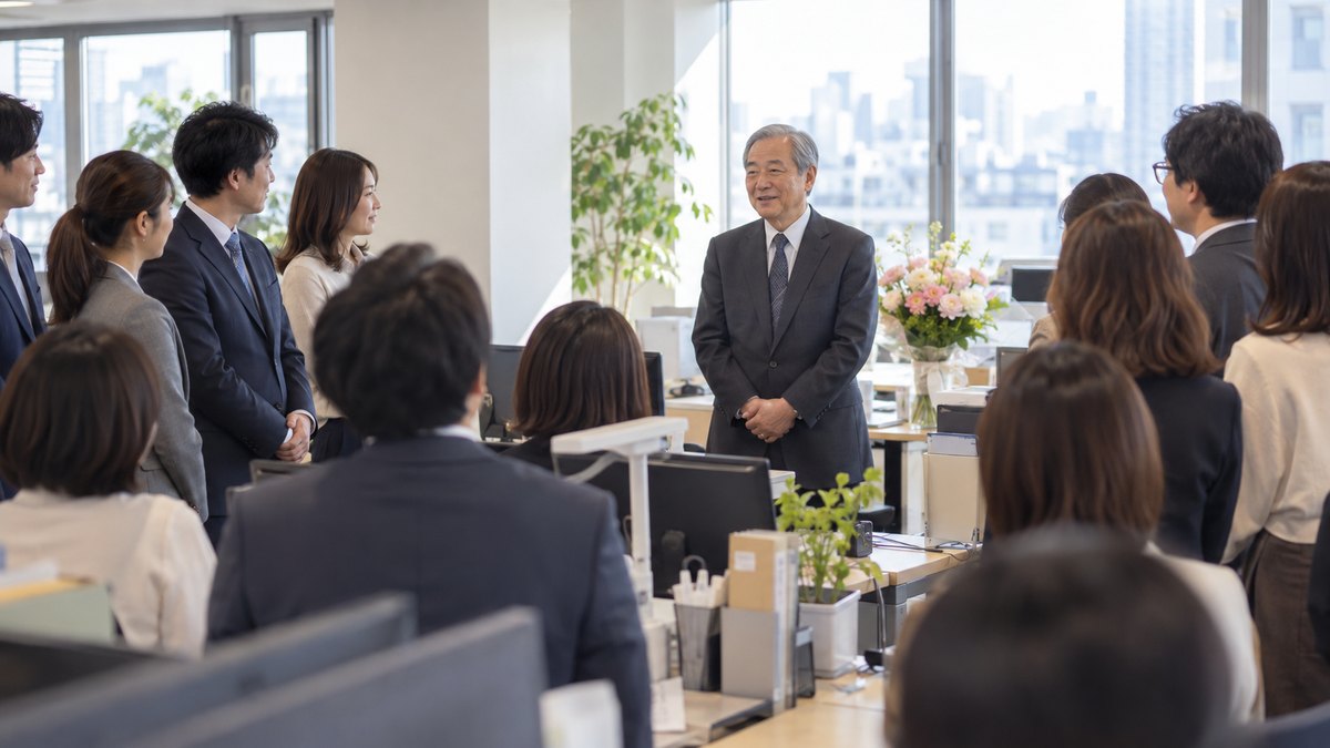 朝の事務所で、60歳くらいの日本人男性が部署の十数人の前に立ち、穏やかな表情で最後の挨拶をしている