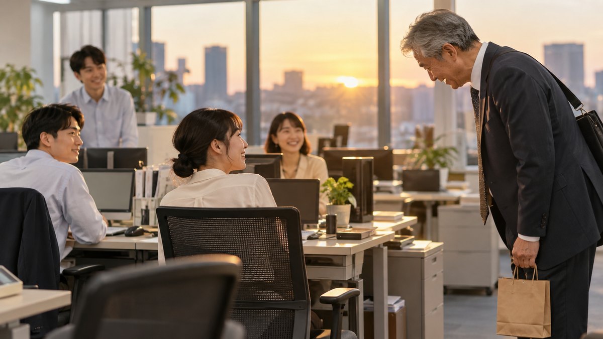 夕方のオフィスで、私物の入った小さな紙袋を持った60代の男性が、隣の島の同僚たちに軽く頭を下げている