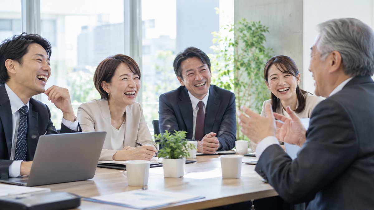 明るい会議室で、話している60代の男性の前に座った30代から50代の同僚たちが、声を上げて楽しそうに笑っている