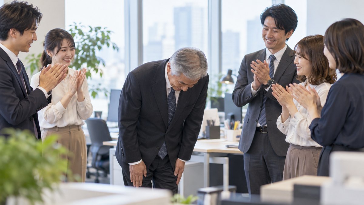 オフィスのフロアで、60代の男性が深く一礼し、周りに立った同僚たちが温かく拍手を送っている