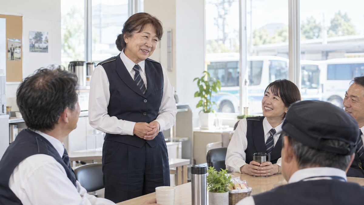 路線バスの営業所の明るい休憩室で、制服姿の60歳くらいの日本人女性運転士が、数人の同僚の前で少し照れた笑顔で話している