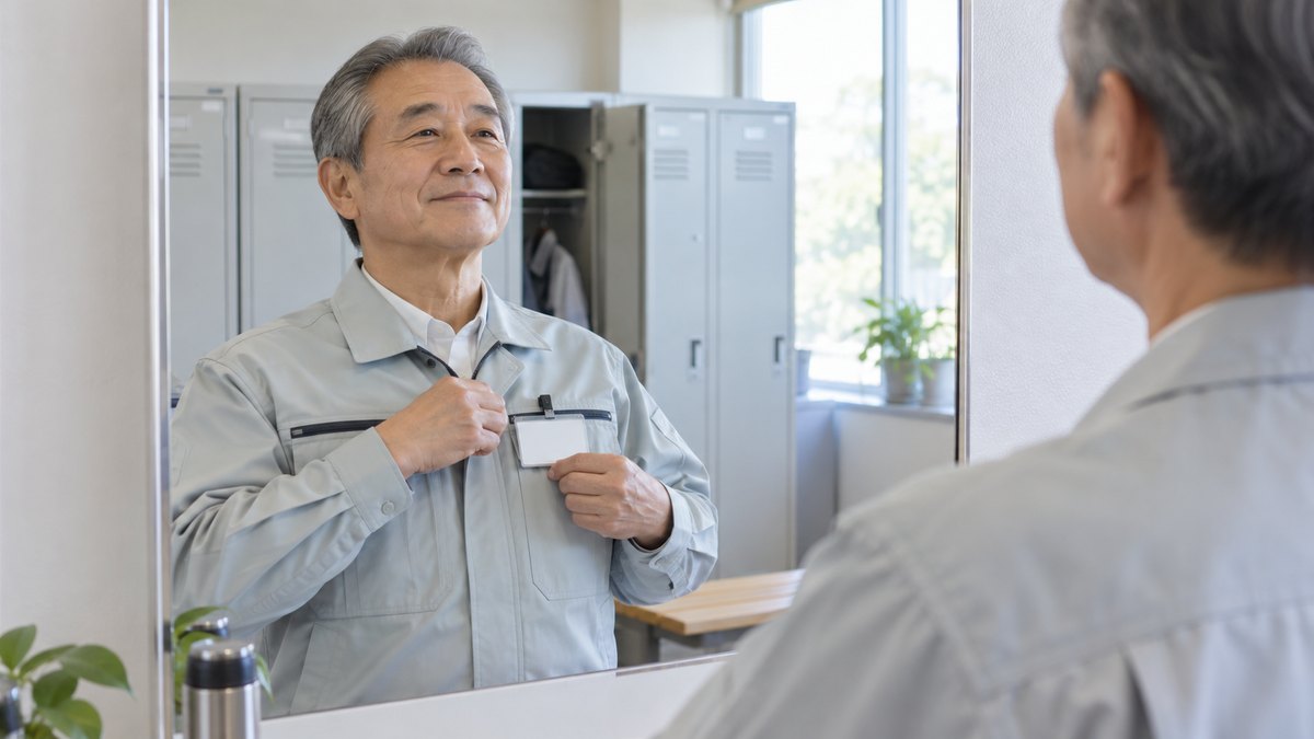 朝の更衣室で、60代の男性が新しい名札を作業着の胸に付け直し、鏡を見て背筋を伸ばしている
