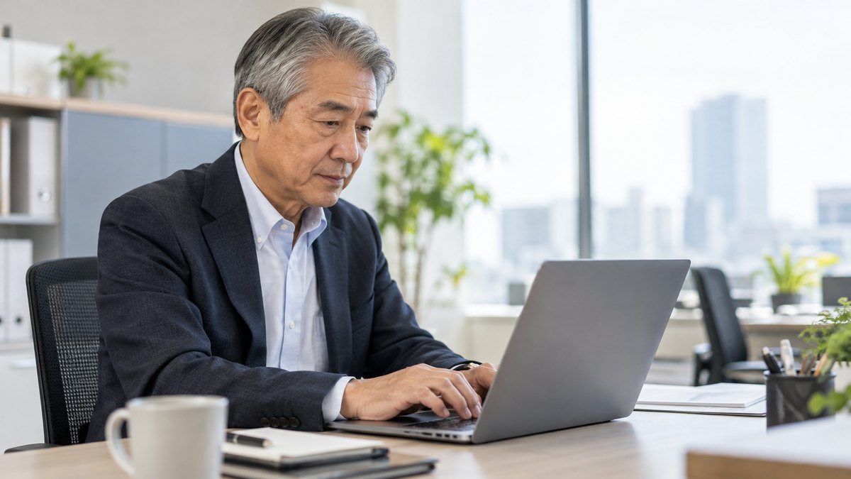 事務机でノートパソコンに向かい、60代の男性がメールを打っている手元。画面は見えない角度
