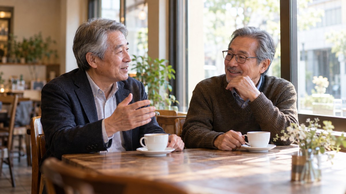 街のカフェの窓際の席で、60代の男性2人がコーヒーを前に、穏やかに昔話をしている