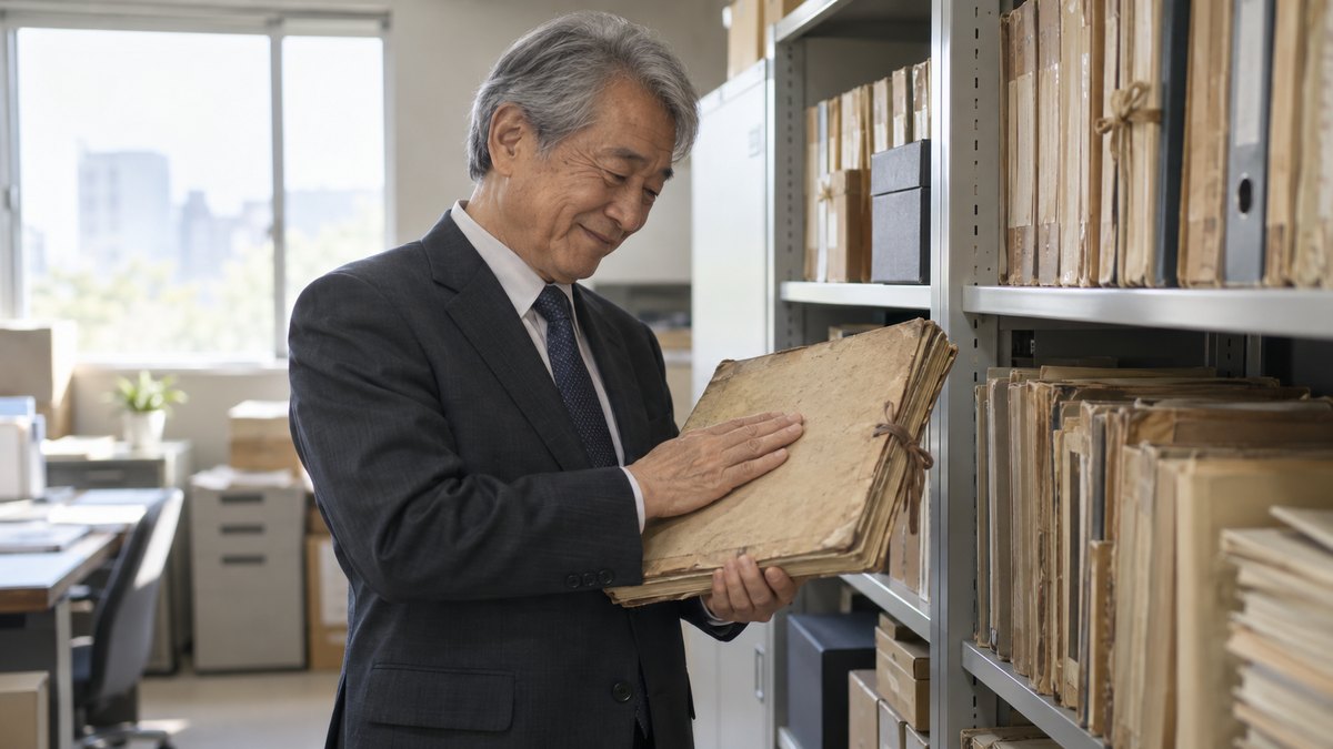 会社の資料室で、60代の男性が棚から古い書類の綴りを取り出し、懐かしそうに表紙をなでている