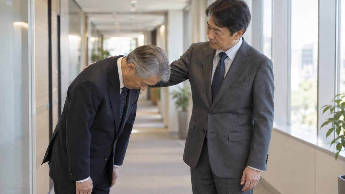 会社の廊下で、60代の男性が50代の上司の前で深く頭を下げ、上司が肩に手を添えている