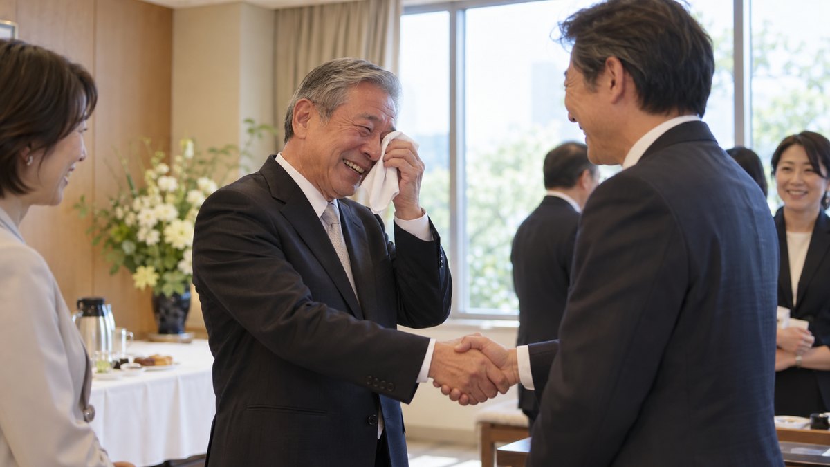 式典の後の控室で、60代の男性が目元をハンカチで軽く押さえながら、笑顔で同僚と握手している