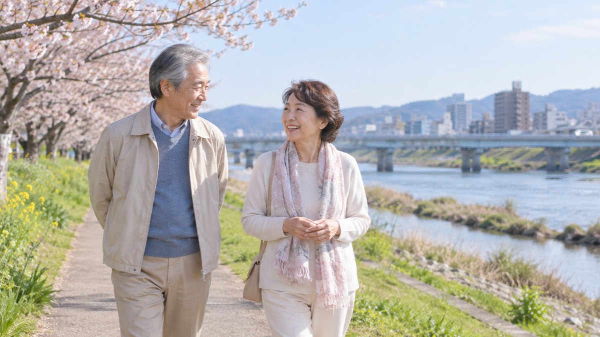 春の河川敷の遊歩道を、60代の夫婦が並んでゆっくり散歩し、穏やかに話している