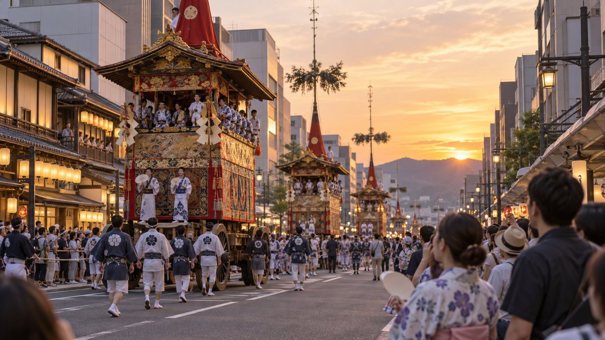夏の夕暮れの京都の大通りを、豪華な山鉾がゆっくり進み、沿道の見物客が見上げている遠景