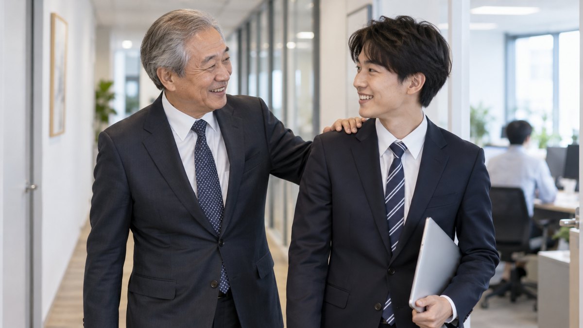 オフィスの通路で、60代の男性が20代の若手社員の肩に軽く手を置き、笑顔で声をかけている