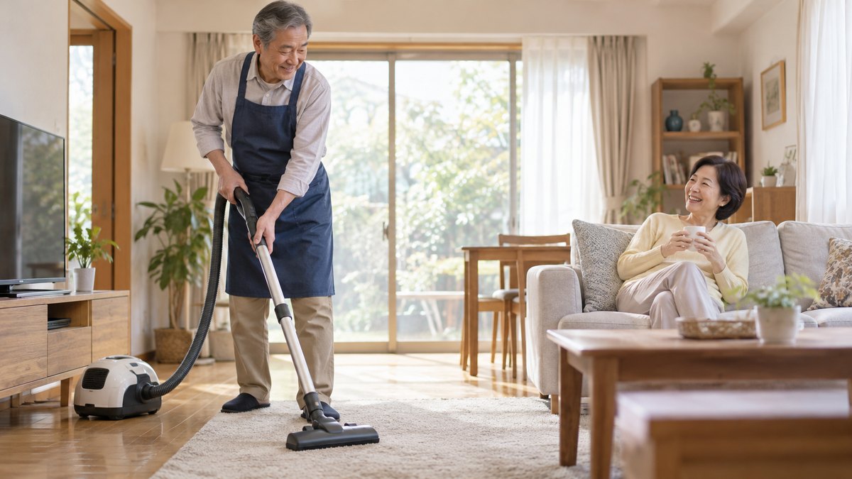 休日の自宅の居間で、エプロン姿の60代の男性が掃除機をかけ、ソファの妻が楽しそうに笑って見ている