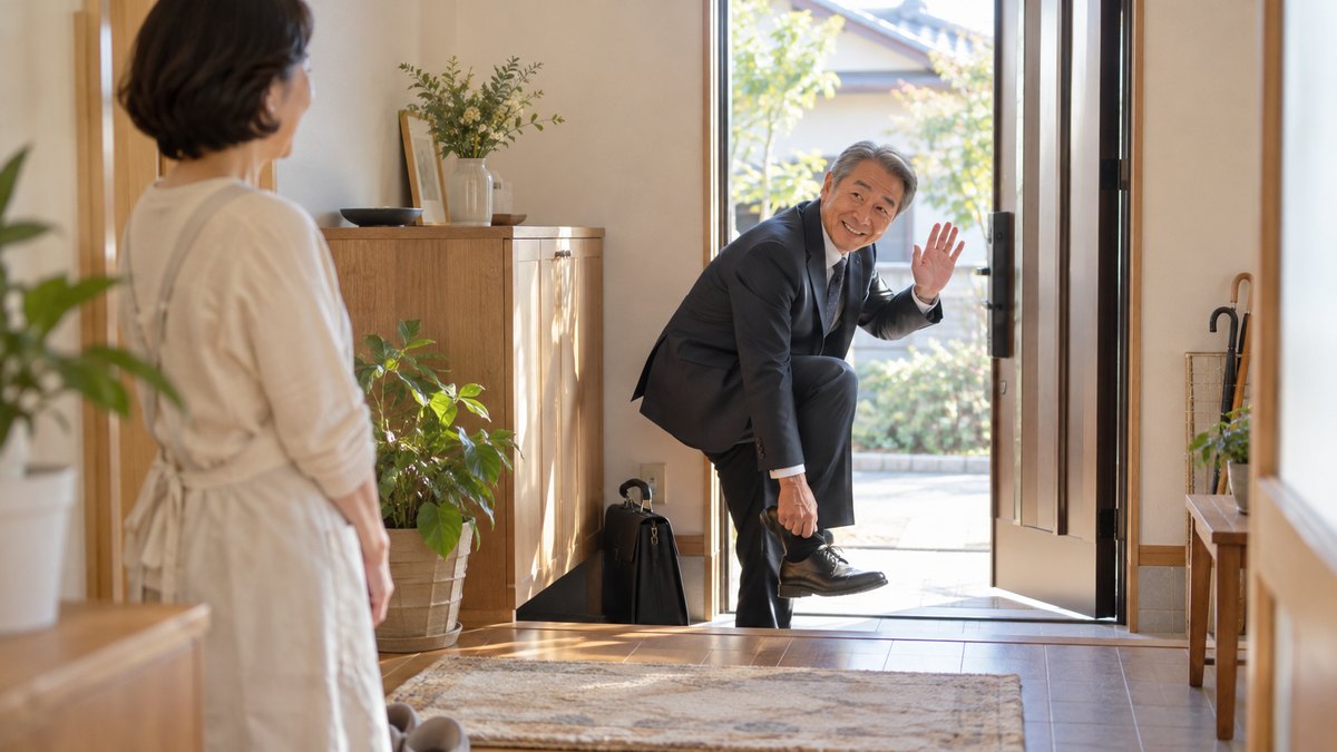 早朝の玄関で、スーツ姿の60代の男性が靴をはき、見送る妻に笑顔で行ってきますと手を上げている