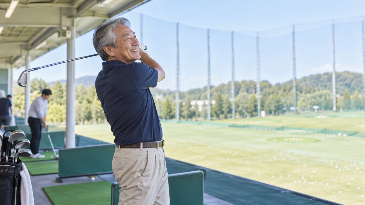 晴れた日のゴルフ練習場の打席で、60代の男性がクラブを振り終え、ボールの行方を見て笑っている