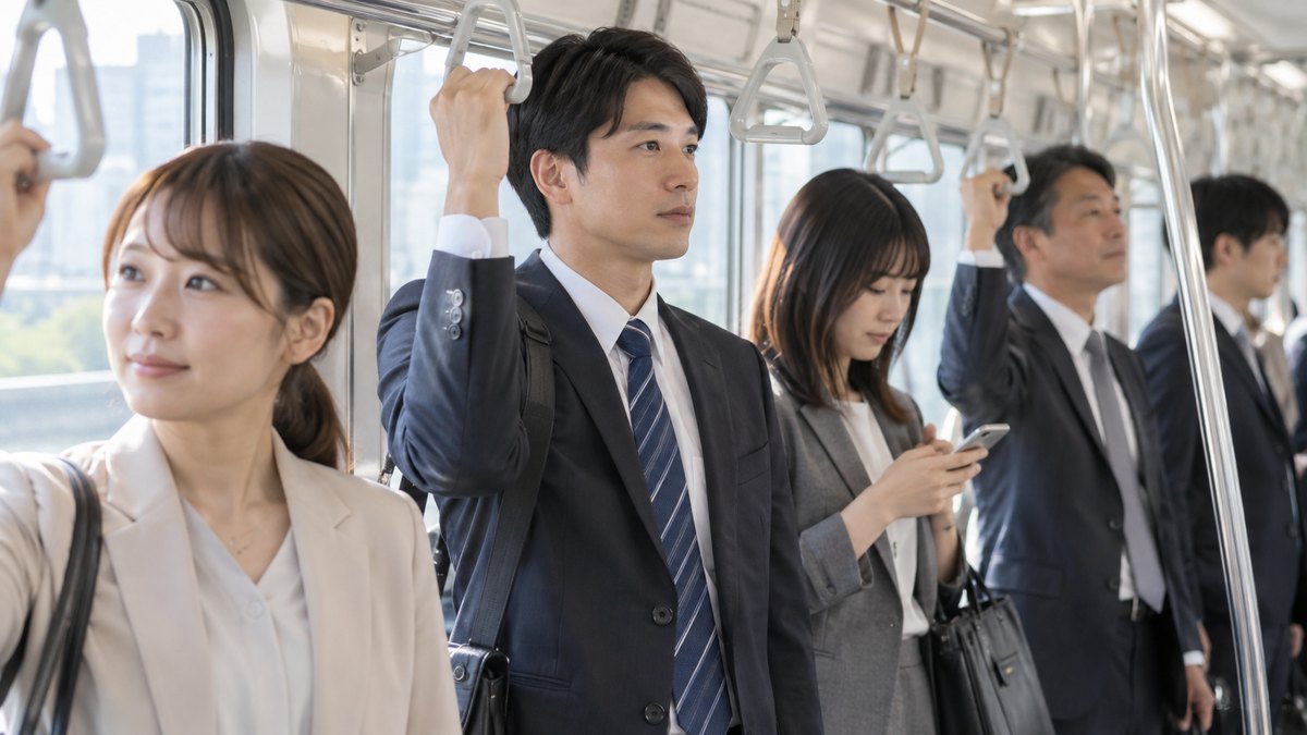 朝の通勤電車の車内で、つり革を持った会社員たちが並んで立っている。混み合いすぎない落ち着いた様子