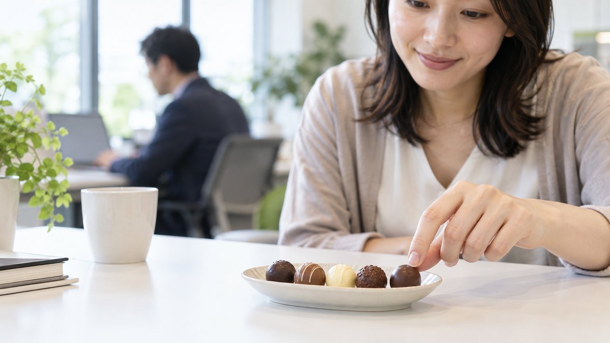 白いテーブルの上の小さな器に5粒のチョコレートが並び、指で最後の1粒をつまもうとしている手元