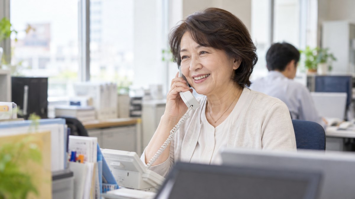 事務所の机で、60歳くらいの女性が受話器を耳に当て、笑顔で丁寧に電話応対をしている