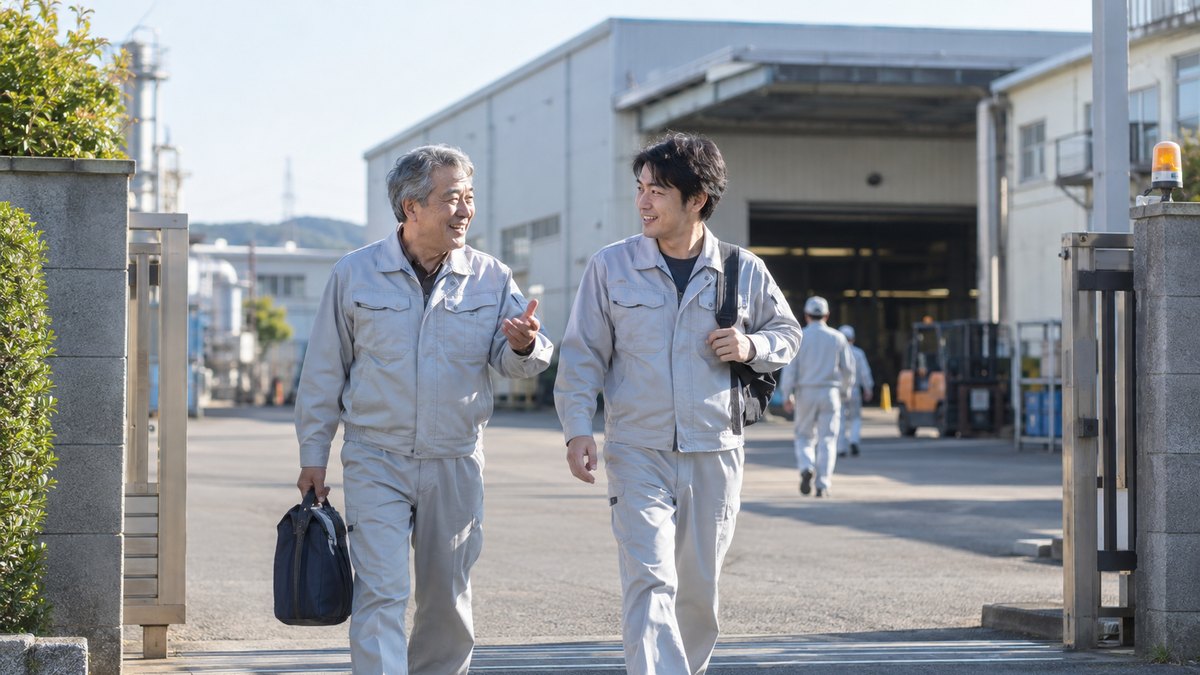 朝の工場の門を、作業着姿の60代の男性が30代の同僚と並んで話しながら歩いて入っていく