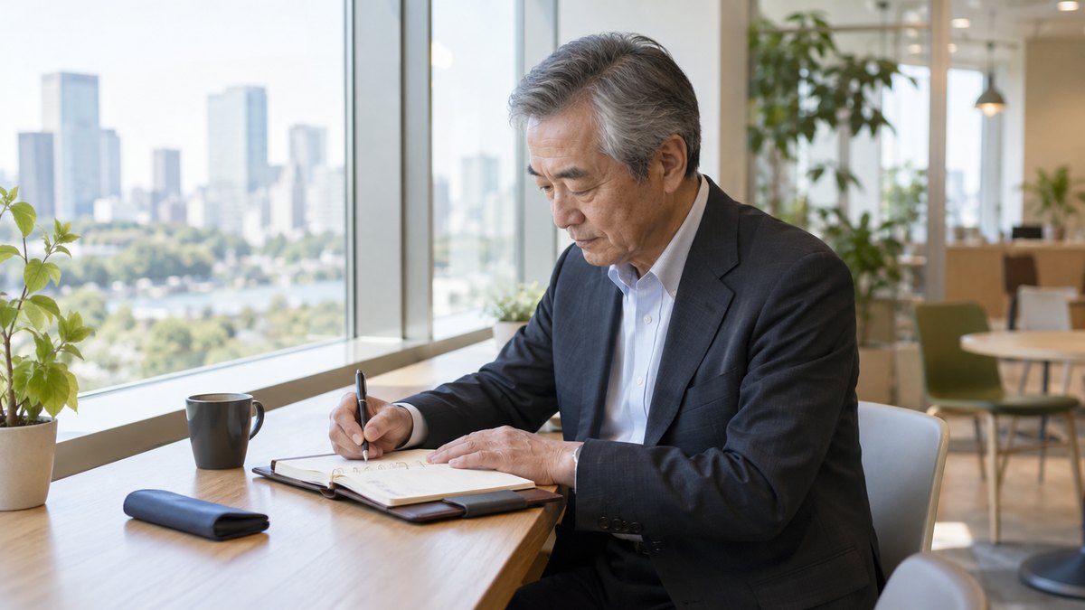 社内の休憩スペースの窓際の席で、60代の男性がひとりで手帳を開き、明日からの仕事の予定を書き込んでいる