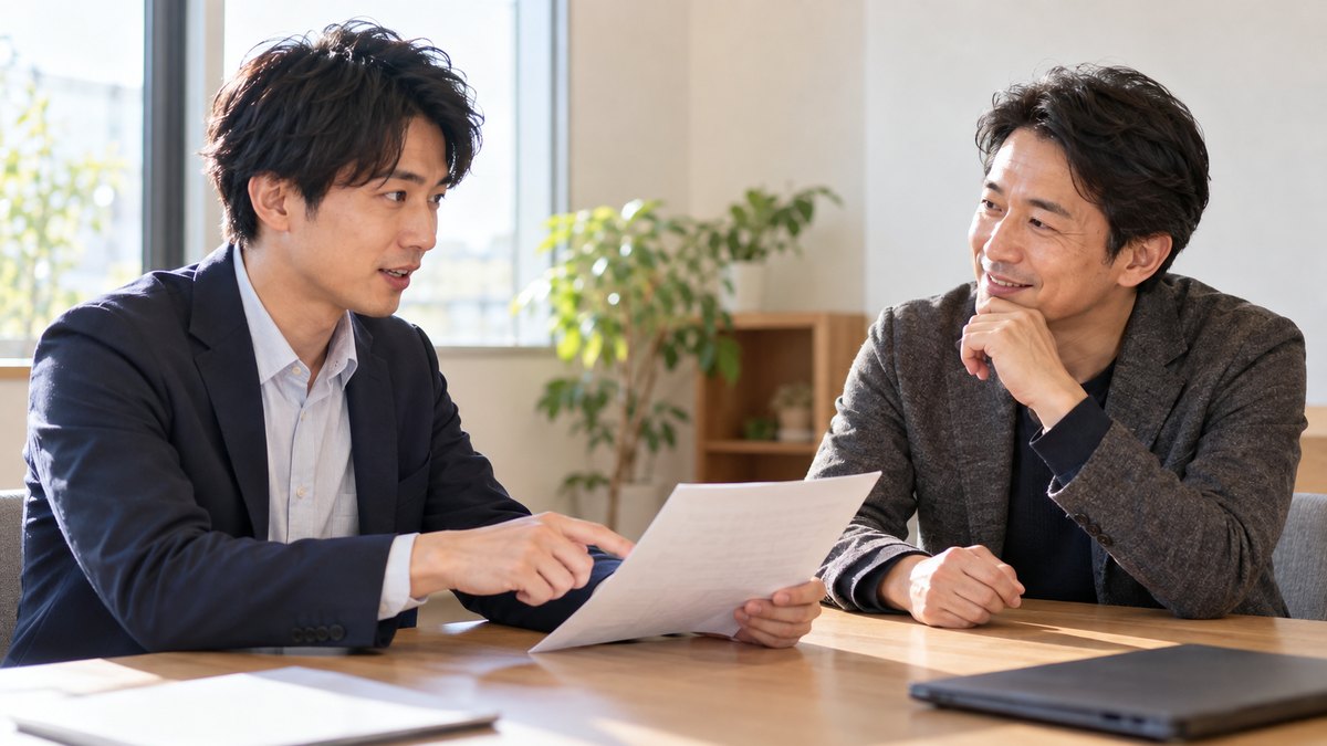 明るい面談室で、男性指導者に原稿を見せながら話し方の相談をする30代の男性会社員