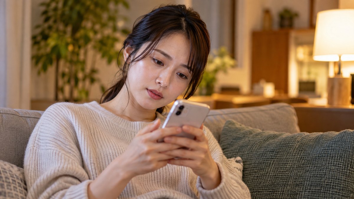 平日の夜、自宅のリビングのソファで、30代の女性がスマホを両手で持ち、少し首をかしげながら調べものをしている近景。スマホの画面の文字は見えない