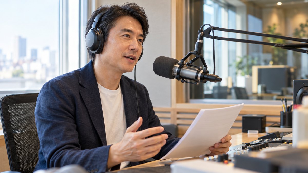 朝、ラジオ局の小さな放送ブースで、40代の男性アナウンサーがヘッドホンをつけてマイクに向かい、原稿を手に落ち着いて話している近景。機材や壁に文字やロゴは無い