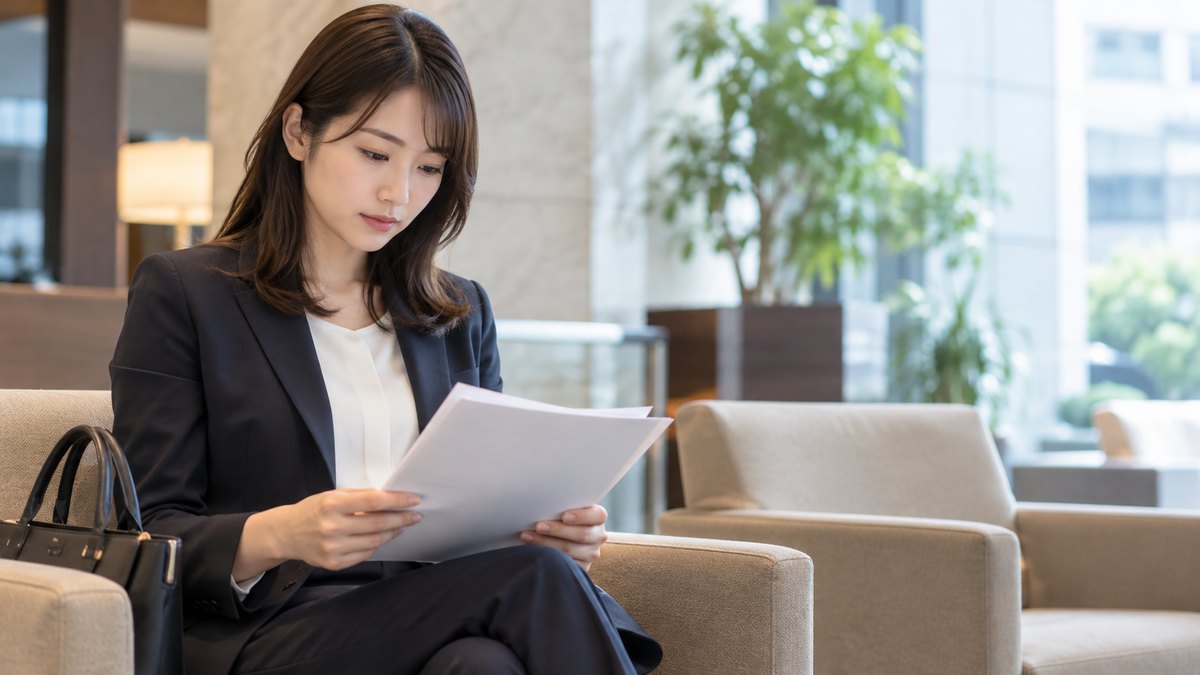 午後、オフィスビルの静かな待合スペースで、30代の女性がスーツ姿で椅子に座り、膝の上の書類を見ながら呼ばれるのを待っている近景。書類の文字は見えない