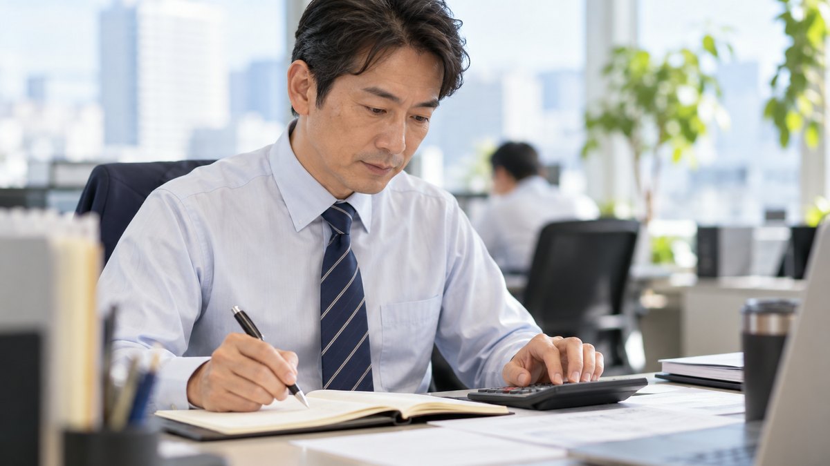 平日の昼休み、会社の自席で、40代の男性会社員が電卓と手帳を前に置き、ペンを持って落ち着いた表情で計算している近景。電卓と手帳の文字や数字は読めない