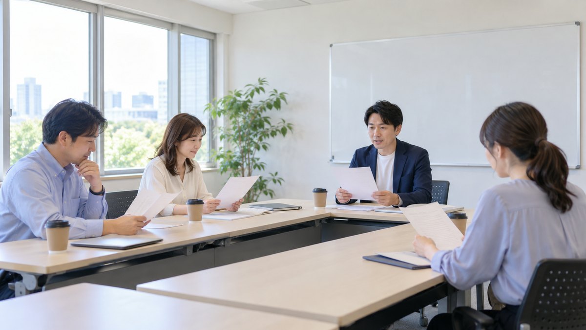 週末の午前、明るい貸し会議室で、30代から40代の男女4人が長机を囲み、1人が紙の原稿を声に出して読み、ほかの3人が手元の紙を見ながら聞いている遠景。紙やホワイトボードに文字は見えない