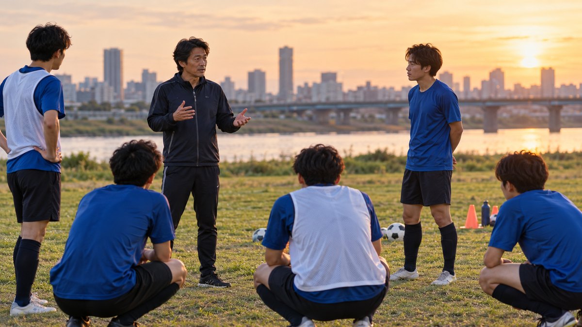 夕方、河川敷のグラウンドで、40代の男性コーチがジャージ姿で立ち、20代の選手たちに身ぶりを交えて声をかけている遠景。ユニフォームや看板に文字やロゴは無い