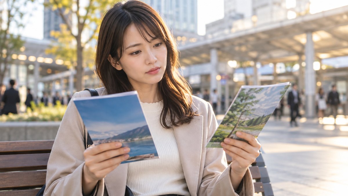 平日の夕方、駅前の広場のベンチで、20代後半の女性が2冊の薄いパンフレットを左右の手に持ち、見比べながら考えている近景。パンフレットの文字は見えない