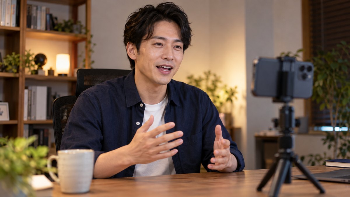 平日の夜、自宅の書斎で、30代の男性が机の上の三脚に立てたスマホに向かって原稿を持たずに自己紹介をし、自分の話す様子を撮影している近景。スマホの画面の文字は見えない