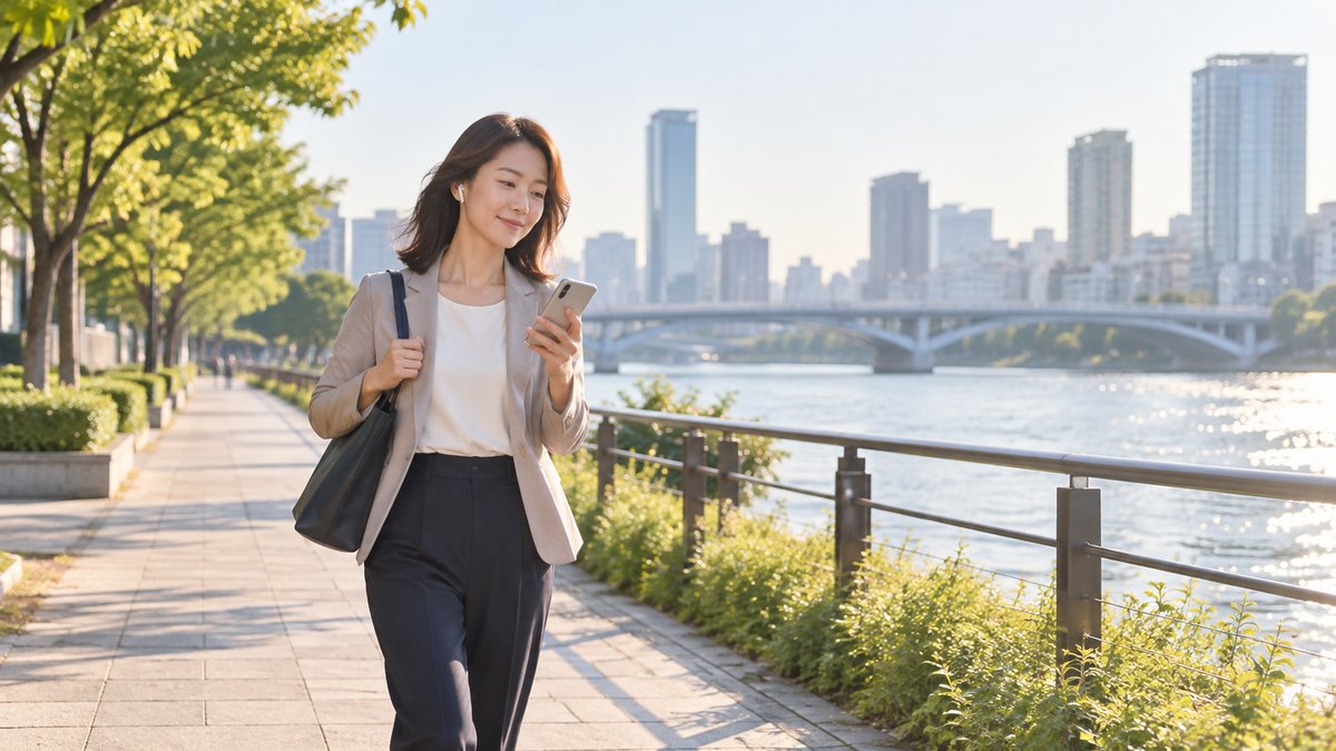 朝、川沿いの遊歩道を、30代の女性会社員がイヤホンをつけて歩きながら、スマホに録音した自分の声を聞いて小さくうなずいている遠景。スマホの画面の文字は見えない