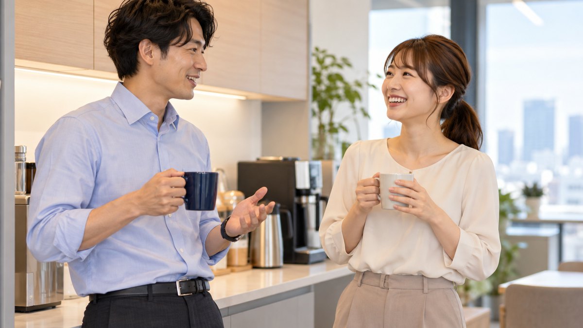 平日の夕方、会社の明るい給湯室で、30代の男女の同僚がマグカップを手に立ったまま、和やかに話している近景。壁や小物に文字は無い