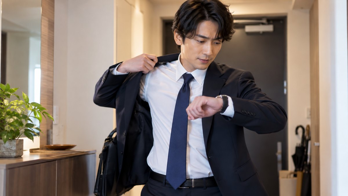 平日の朝、マンションの玄関で、20代後半の男性がスーツの上着をはおりながら腕時計を確かめ、少し緊張した前向きな表情で出かける準備をしている近景。文字は無い