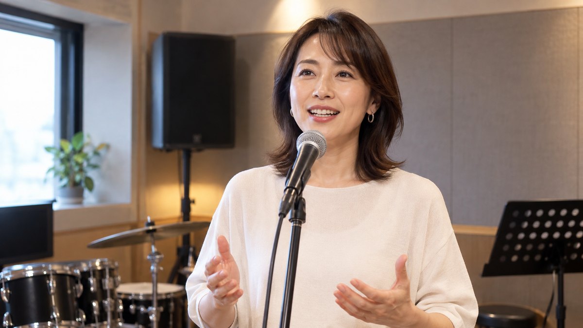 週末の午後、小さな防音の練習室で、40代の女性がスタンドマイクの前に立ち、原稿を持たずに前を向いて話している近景。壁や機材に文字やロゴは無い