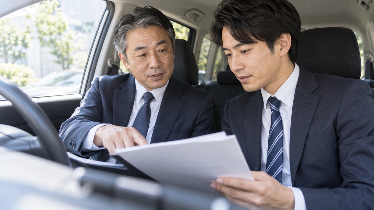 平日の昼、停車中の営業車の運転席と助手席で、50代の男性上司と30代の男性部下が書類を見ながら話している近景。書類の文字は見えない
