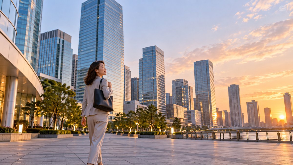 夕方、高いビルが並ぶ湾岸の広い広場を、30代の女性会社員がトートバッグを肩にかけて、ビルを見上げながら歩いている遠景。建物や看板に文字やロゴは見えない