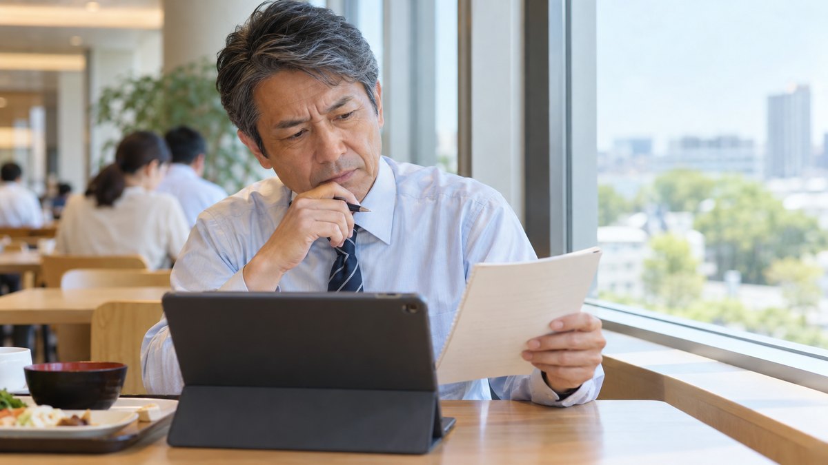 平日の昼、会社の社員食堂の窓際の席で、50代の男性がタブレットと紙のメモを見比べ、首をかしげながら確かめている近景。タブレットの画面とメモの文字は見えない