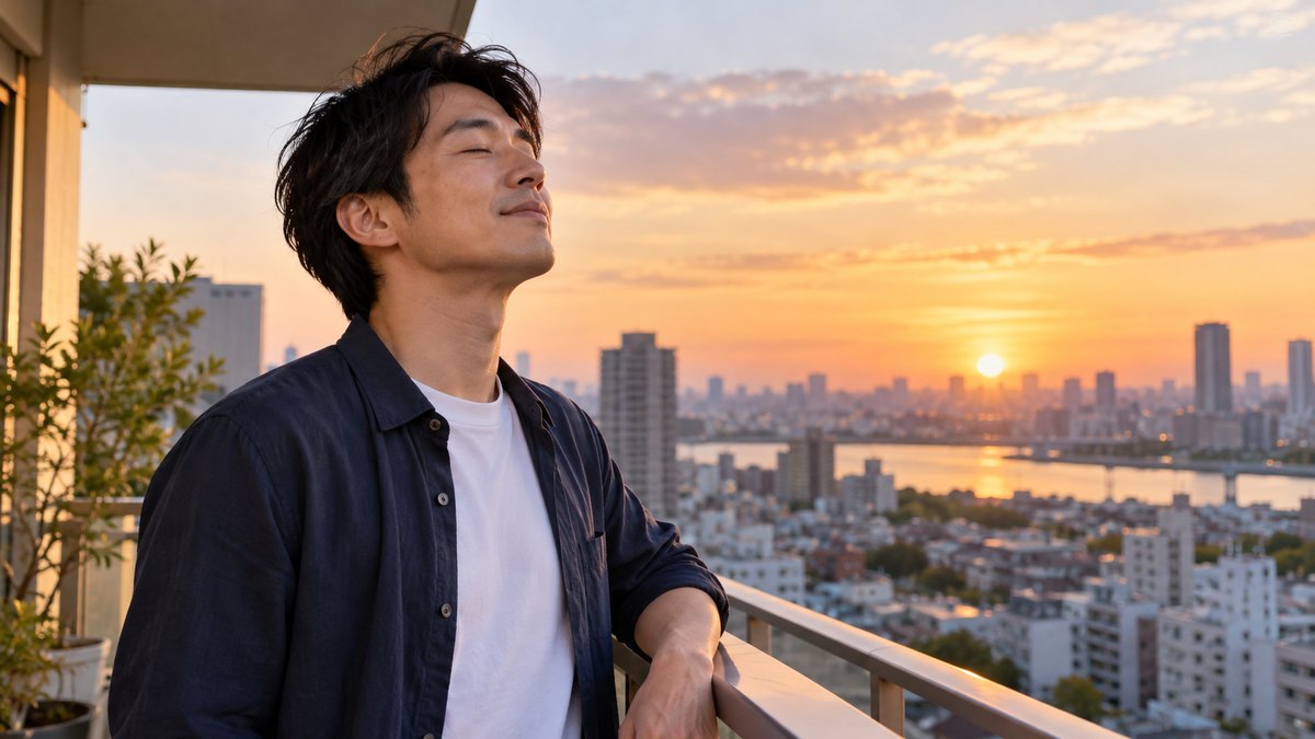 夕方、マンションのベランダで、30代の男性が手すりのそばに立ち、目を閉じてゆっくり深呼吸している近景。遠くに街並みが見える。文字は無い