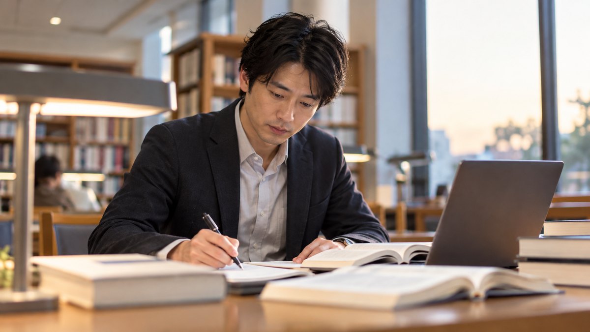 平日の夕方、大学の図書館の静かな閲覧席で、30代の男性会社員がノートパソコンと数冊の本を広げ、資料を見比べながらメモを取っている近景。画面や本の文字は読めない