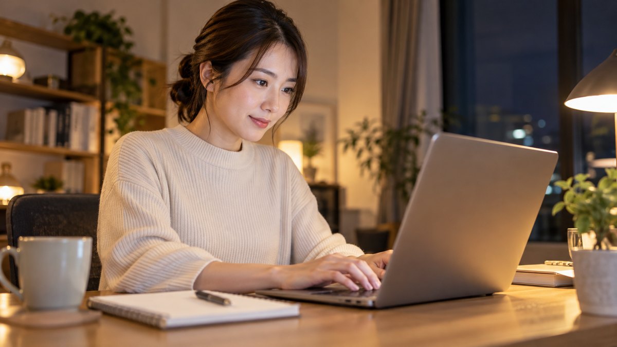平日の夜、自宅の書斎の机で、20代後半の女性がノートパソコンに向かい、横に置いた紙のメモを見ながら申し込みの文章を打ち込んでいる近景。画面とメモの文字は見えない
