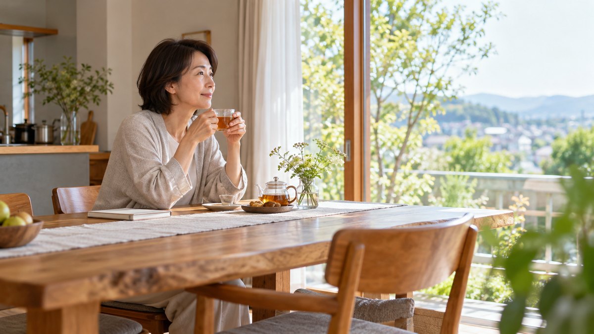 休日の朝、自宅のダイニングテーブルで、50代の女性が紅茶のカップを手に、窓の外を見ながら考えごとをしている遠景。テーブルの上の紙の文字は見えない